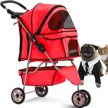 3-Wheel Pet Stroller, Lightweight Foldable Dog Stroller for Small Medium Dogs & Cats, Breathable Mesh & Weather Cover with Storage Basket, for Daily Walk Outdoor Travel (Black)