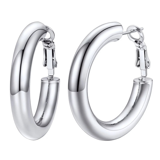 Chunky Hoop Earrings for Women Stainless Steel Jewelry Silver Large Earring 30mm Birthday Christmas Gift for Daughter Wife