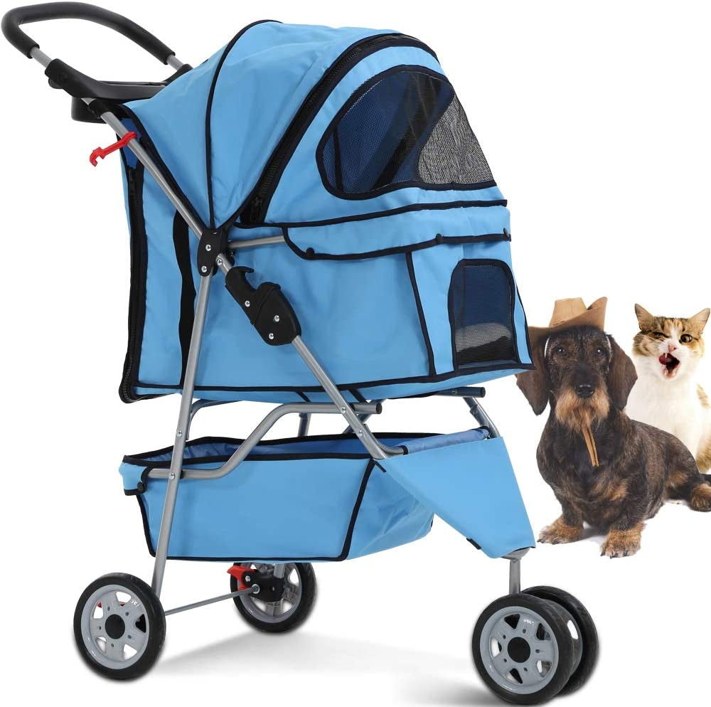 3-Wheel Pet Stroller, Lightweight Foldable Dog Stroller for Small Medium Dogs & Cats, Breathable Mesh & Weather Cover with Storage Basket, for Daily Walk Outdoor Travel (Black)