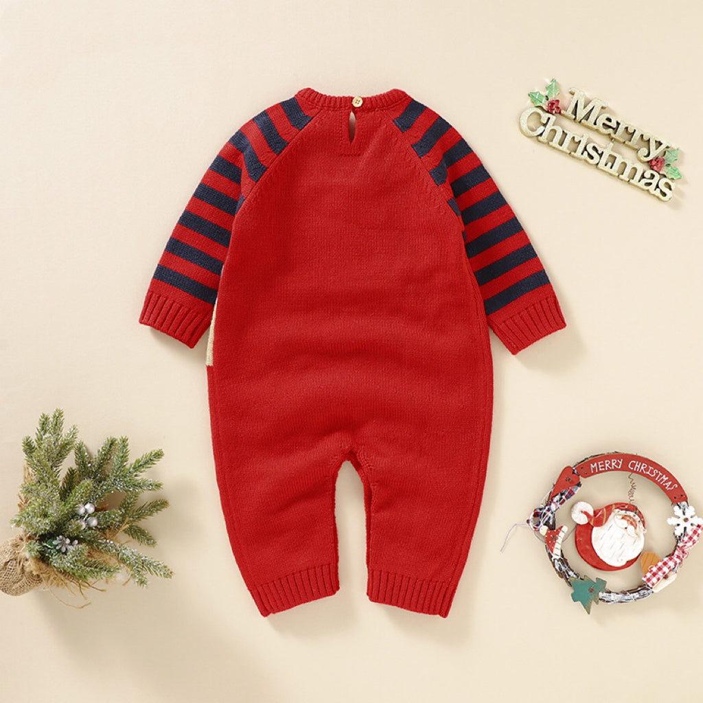 Baby Cartoon Elk Graphic Side Striped Sleeve Knitted Romper, MyKids-USA®, Baby One-Pieces, MyKids-USA -  -  -  -  -  -  - .