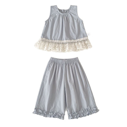 Summer Baby Kids Girls Sleeveless Lace Trim Vest and Plain Pants Clothing Set, MyKids-USA®, Baby & Children's Outfits, MyKids-USA - Size/Age - 73 (6-9M) - Color - Blue -  -  - TR2605011726-A.