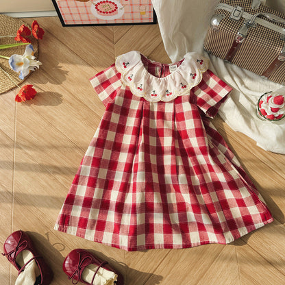 Summer Arrival Baby Girls Short Sleeves Cherry and Plaid Pattern Dress, MyKids-USA®, Baby & Children's Dresses, MyKids-USA -  -  -  -  -  -  - .