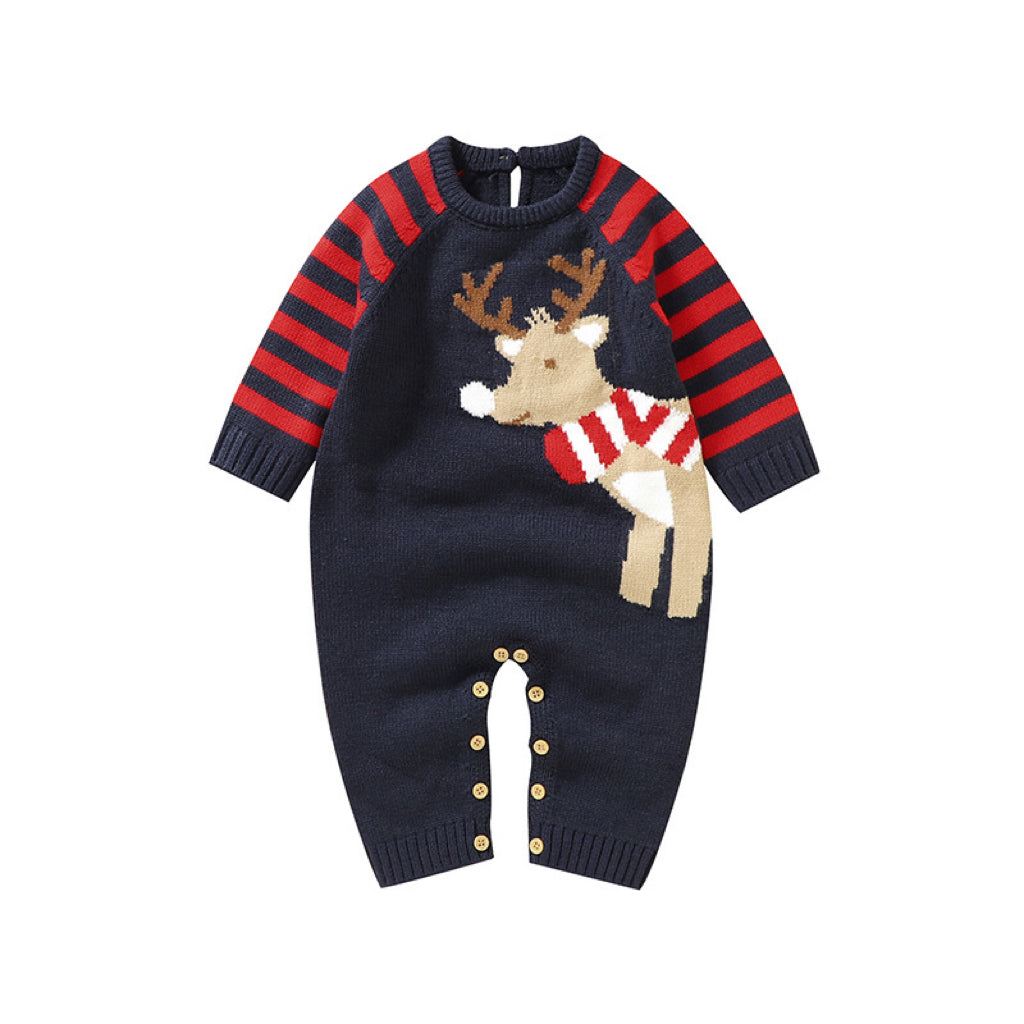 Baby Cartoon Elk Graphic Side Striped Sleeve Knitted Romper, MyKids-USA®, Baby One-Pieces, MyKids-USA -  -  -  -  -  -  - .