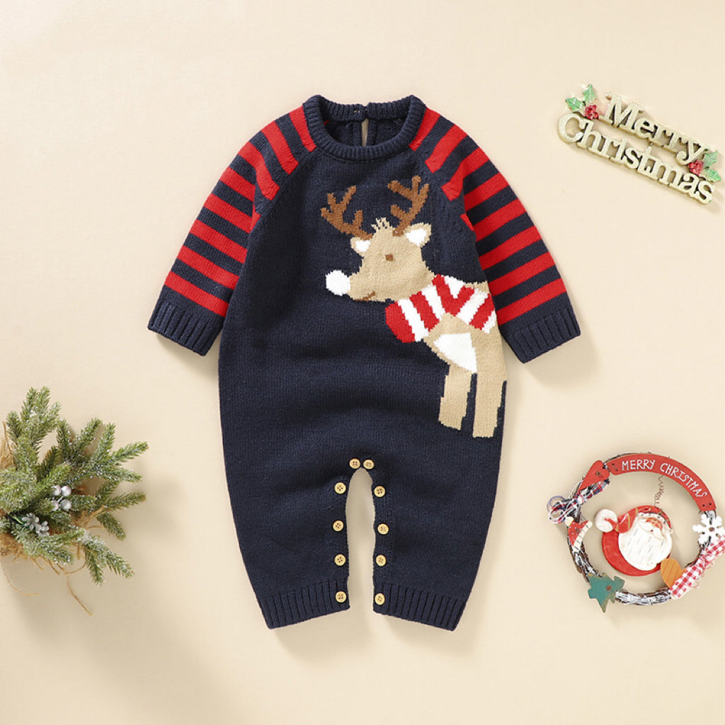 Baby Cartoon Elk Graphic Side Striped Sleeve Knitted Romper, MyKids-USA®, Baby One-Pieces, MyKids-USA - Size/Age - 59 (0-3M) - Color - Navy Blue (Dark Blue) -  -  - JM2210172148-B.