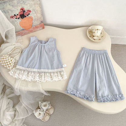 Summer Baby Kids Girls Sleeveless Lace Trim Vest and Plain Pants Clothing Set, MyKids-USA®, Baby & Children's Outfits, MyKids-USA -  -  -  -  -  -  - .