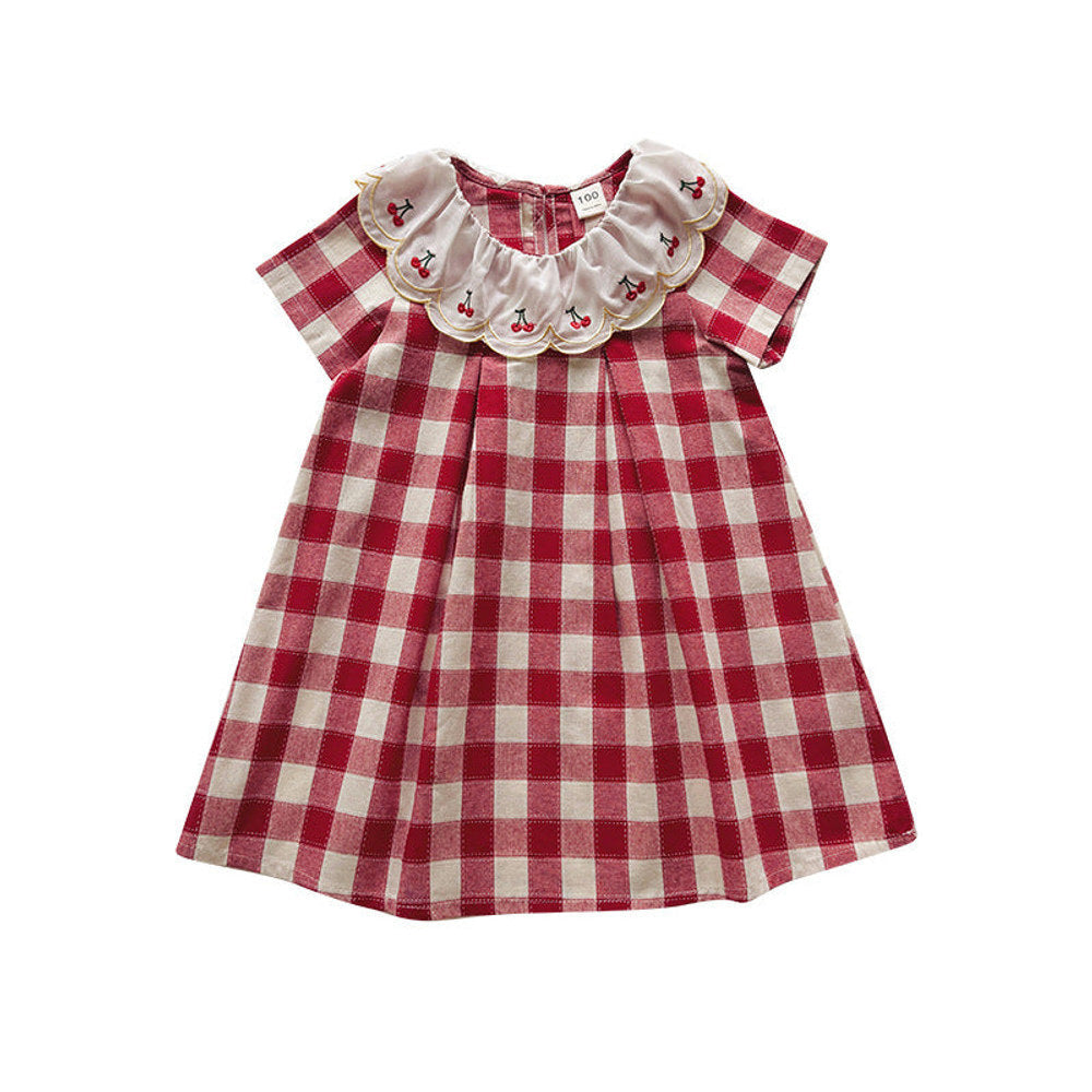 MyKids-USA® Baby Girls Short Sleeves Cherry and Plaid Pattern Dress